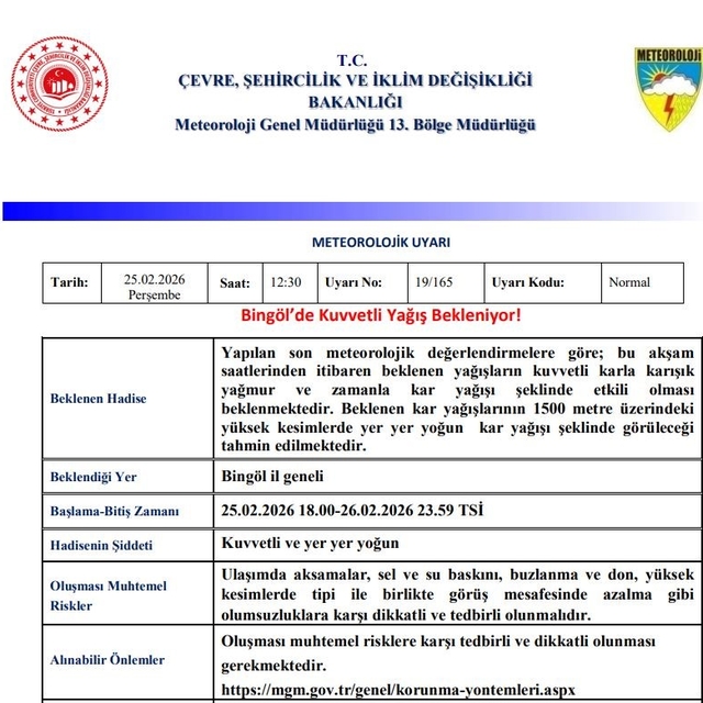 Bingöl için 'Kuvvetli Yağış' uyarısı