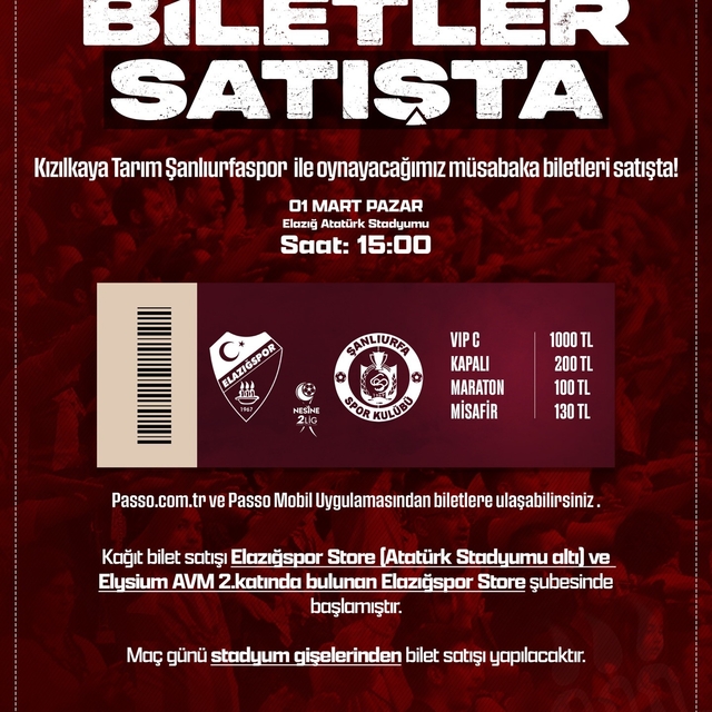 Elazığspor - Şanlıurfaspor maç biletleri satışta
