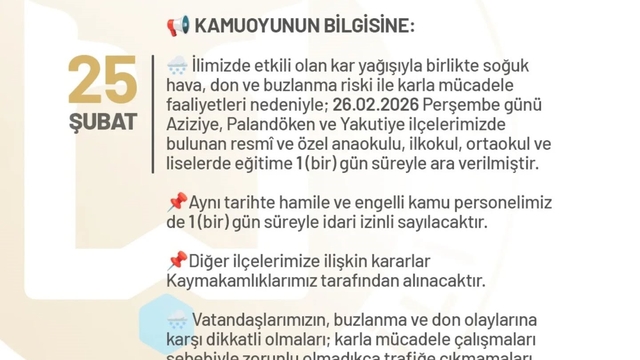 Erzurum'da okullara bir gün kar tatili