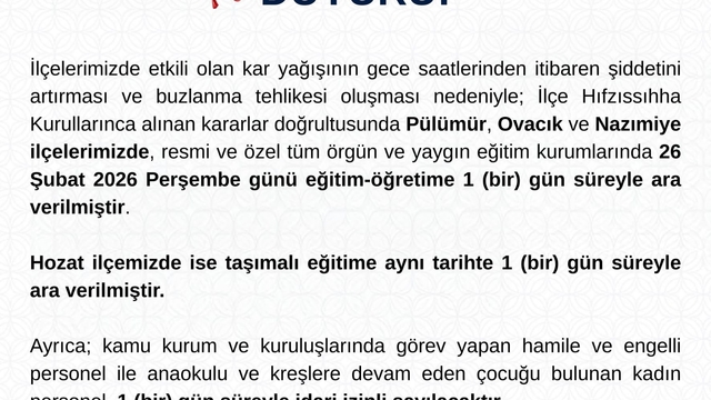 Tunceli'nin 3 ilçesinde eğitime 1 gün ara verildi