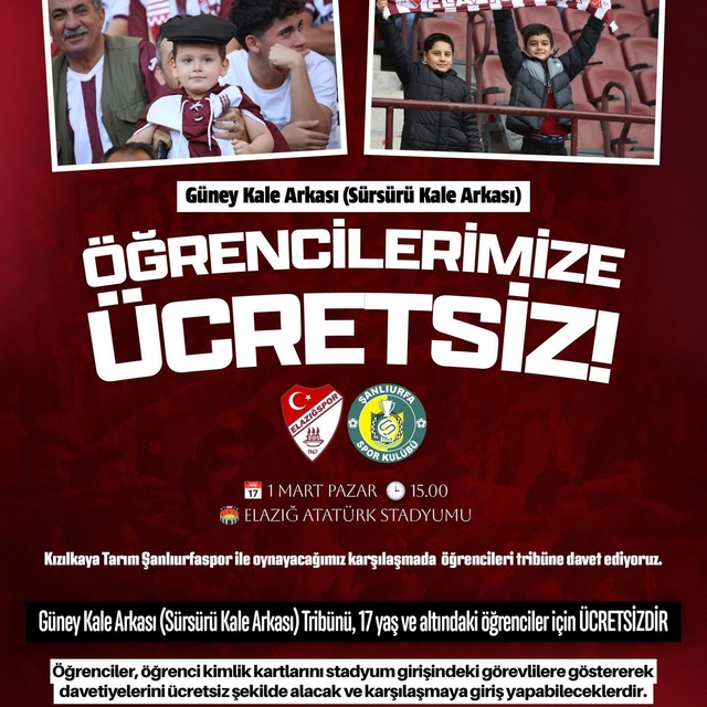 Elazığspor'dan 17 Yaş altı taraftarlara ücretsiz bilet