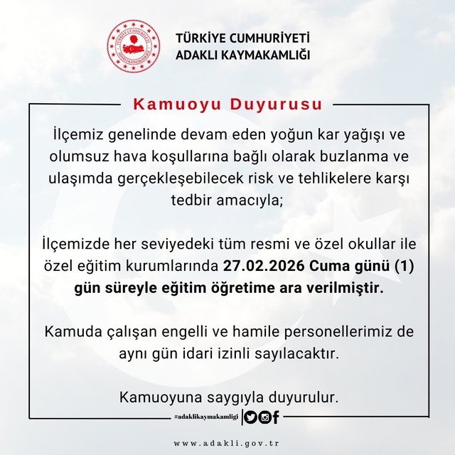 Bingöl'ün Adaklı ilçesinde eğitime kar engeli