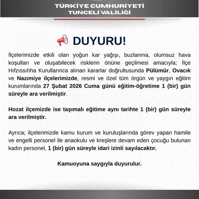 Tunceli'de 4 ilçede eğitime 'kar' nedeniyle 1 gün ara