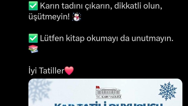 Kars Valisi Polat, tatil haberini 'Sevgili çocuklar derslere küçük bir mola' mesajıyla paylaştı