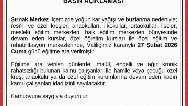 Şırnak'ta eğitime 1 gün ara