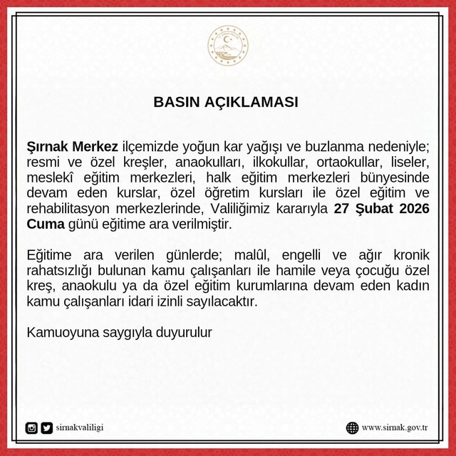 Şırnak'ta eğitime 1 gün ara