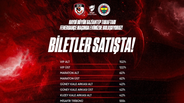 Gaziantep FK - Fenerbahçe kupa maçı biletleri satışta
En düşük bilet fiyatı bin 427 TL, misafir tribün bilet fiyatı bin 855 TL oldu