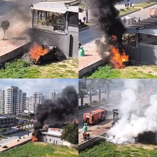 Mersin'de iş yerinin duvarına çarpan otomobil alev aldı: 1 yaralı