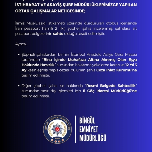 Bingöl'de sahte pasaportlu 2 şüpheli yakalandı