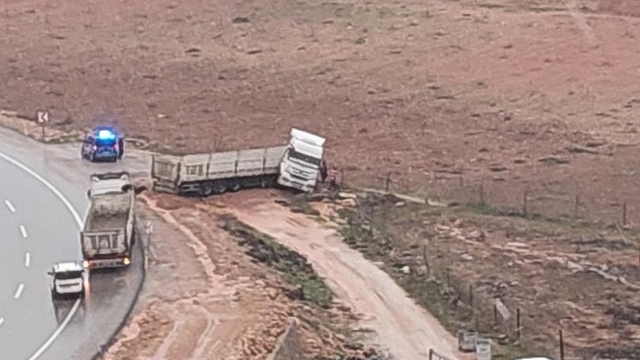 Kurtalan'da kontrolden çıkan kamyon yol kenarına savruldu