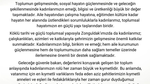 Vali Osman Hacıbektaşoğlu'ndan 8 Mart mesajı: "Kadınlarımız toplumsal hayatın en güçlü yapı taşlarıdır"