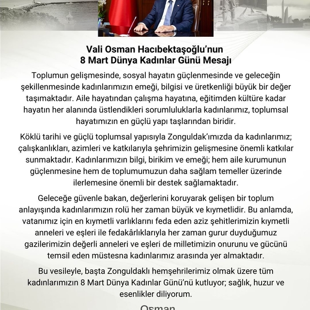 Vali Osman Hacıbektaşoğlu'ndan 8 Mart mesajı: "Kadınlarımız toplumsal hayat...