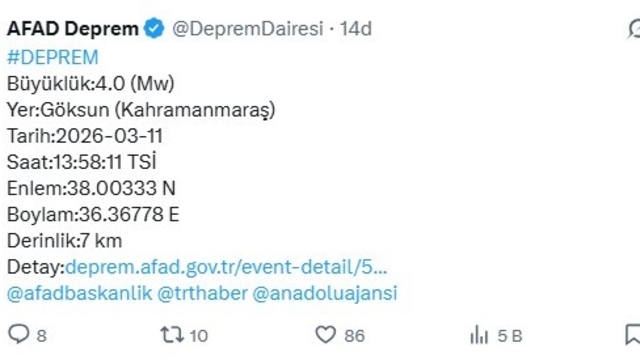 Kahramanmaraş'ta 4 büyüklüğünde deprem