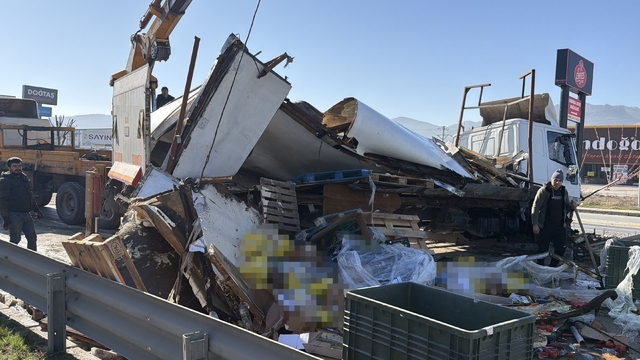 Gıda malzemesi yüklü tır refüje girip ortalığı savaş alanına çevirdi