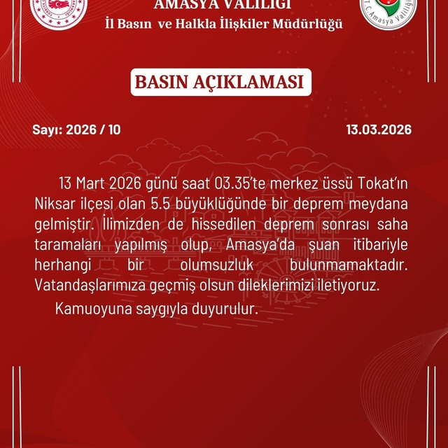 Amasya Valiliği: "İlimizden de hissedilen deprem sonrası olumsuzluk bulunma...