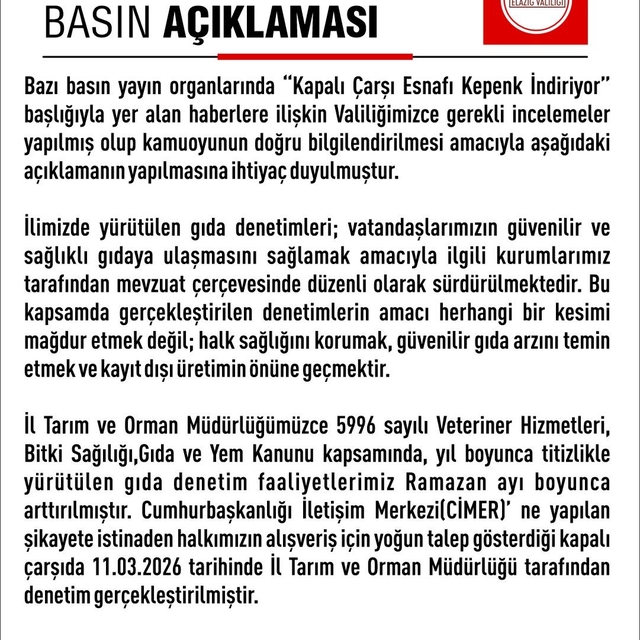 Elazığ Valiliği'nden denetim açıklaması