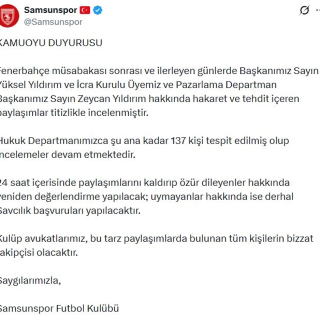 Samsunspor, hakaret ve tehdit paylaşımları için 137 kişi hakkında hukuki iş...