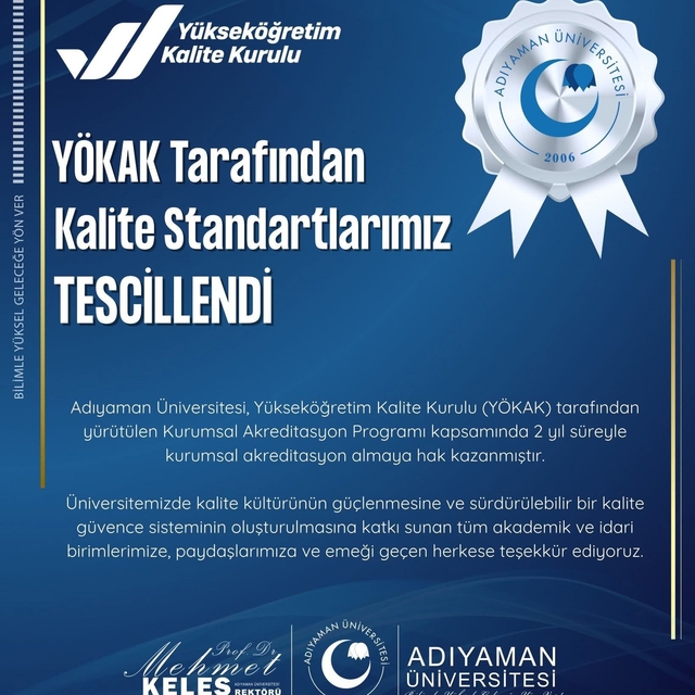 Adıyaman Üniversitesi'ne YÖKAK'tan 2 yıllık şartlı kurumsal akreditasyon