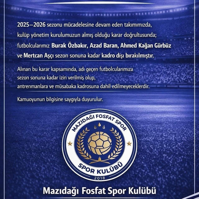 Mazıdağı Fosfatspor'da 4 futbolcu kadro dışı bırakıldı