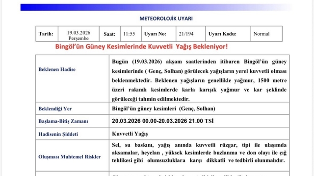 Meteorolojiden  Bingöl için kuvvetli yağış uyarısı