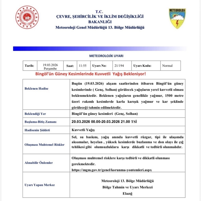 Meteorolojiden  Bingöl için kuvvetli yağış uyarısı