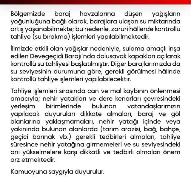 Devegeçidi Barajı'nda su tahliyesine başlandı