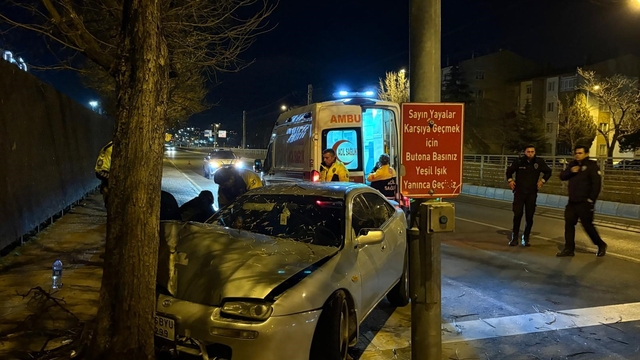 Kaldırıma çıkan otomobil ağaca çarptı: 2 yaralı