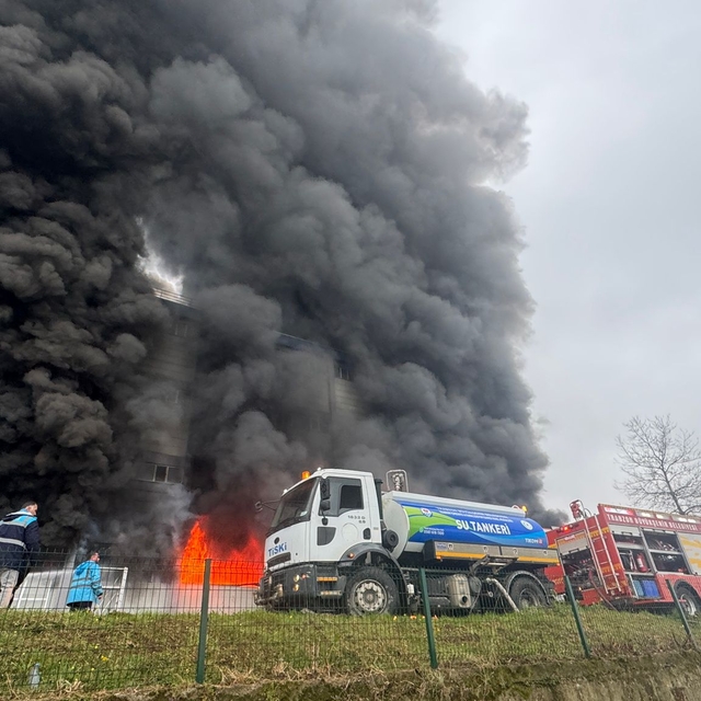 Trabzon'da fındık fabrikasının deposunda çıkan yangına müdahale ediliyor