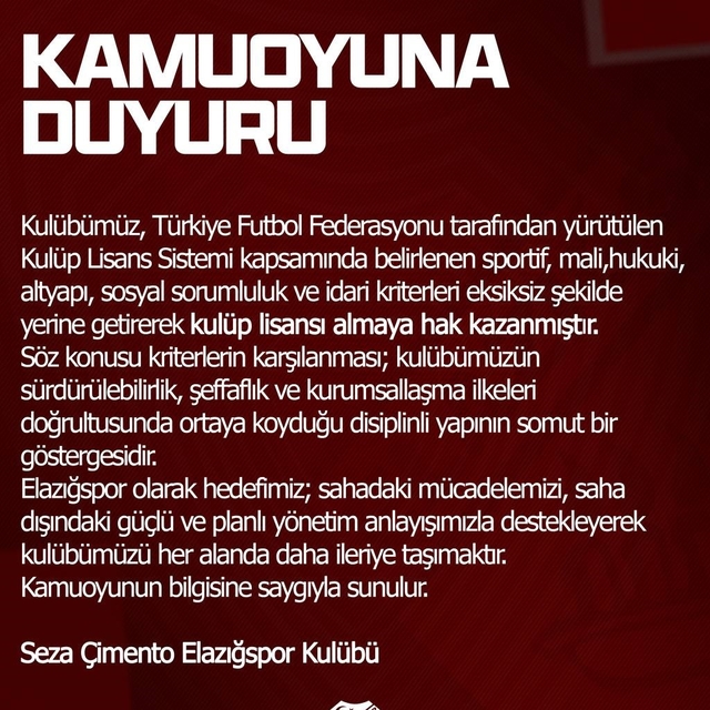 Elazığspor, kulüp lisansı almaya hak kazandı