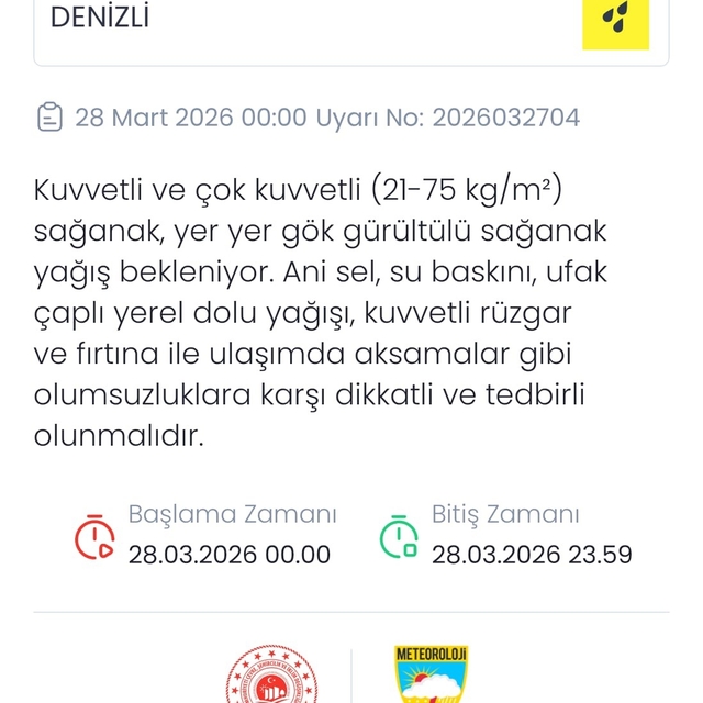 Denizli için kuvvetli sağanak uyarısı
