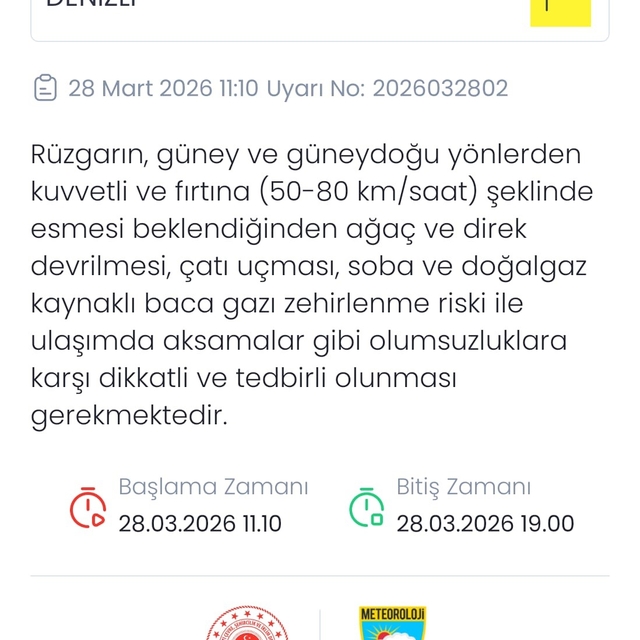 Denizli için kuvvetli rüzgar ve fırtına uyarısı yapıldı