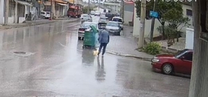 Çöpe atılacak batarya işletmecinin elinde patlayarak alev aldı