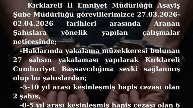 Kırklareli'nde aranan 8 kişi yakalandı