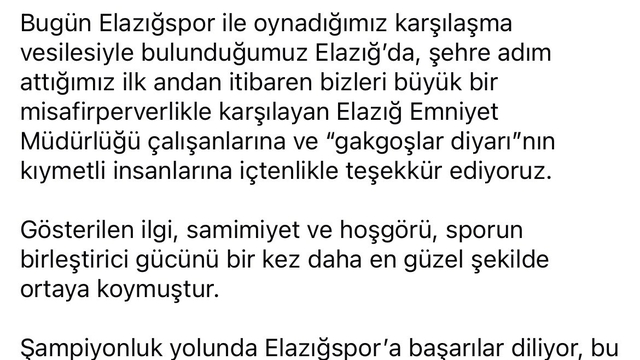 Kepezspor'dan Elazığ'a teşekkür ve övgü