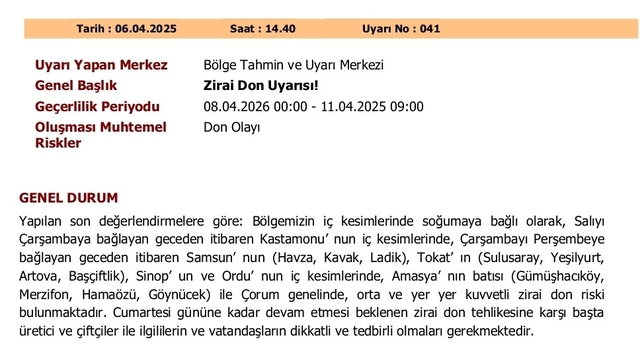 Zirai don uyarısı: Orta Karadeniz için kritik günler
Geçen yıl da bu günlerde zirai don yaşanmıştı