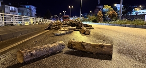 Seyir halindeki kamyonun damperi aniden kalktı, odunlar yola döküldü