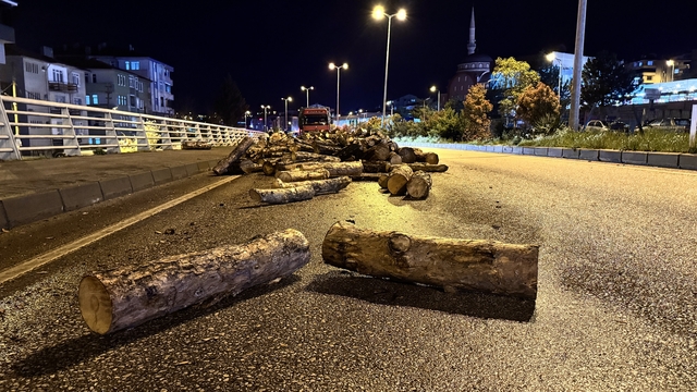 Seyir halindeki kamyonun damperi aniden kalktı, odunlar yola döküldü