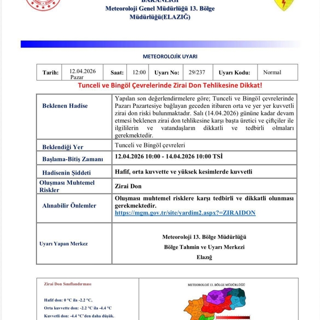 Meteorolojiden  Bingöl ve Tunceli için zirai don uyarısı