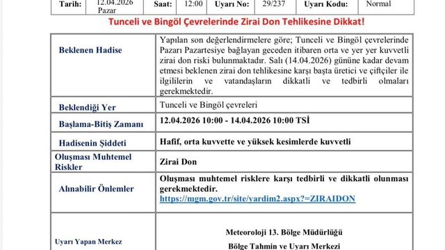 Meteorolojiden  Bingöl ve Tunceli için zirai don uyarısı