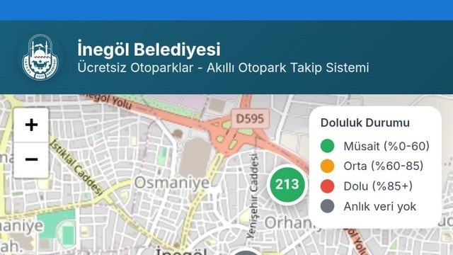 İnegöl'de ücretsiz otoparkların anlık doluluk oranı artık cebinizde