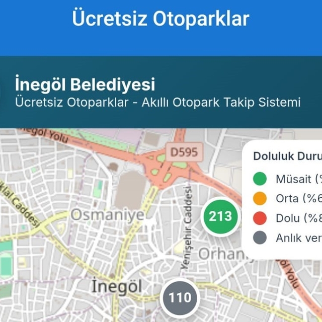 İnegöl'de ücretsiz otoparkların anlık doluluk oranı artık cebinizde
