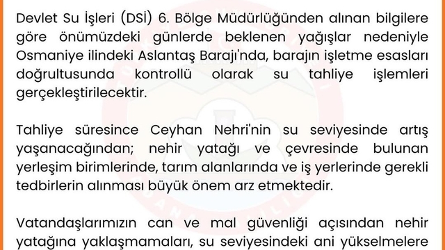 Adana Valiliğinden "Ceyhan Nehri'nde su taşkını" uyarısı