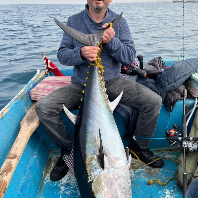 Hobi olarak olta balıkçılığı yapan öğretmen 60 kiloluk orkinos yakaladı