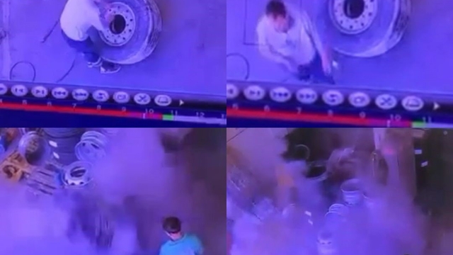 Mersin'de kamyon lastiği şişirirken patladı: O anlar kamerada