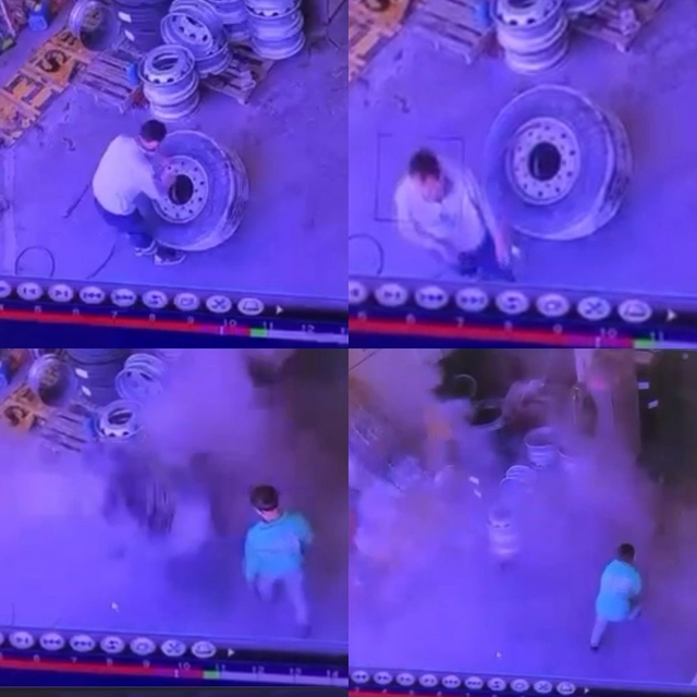 Mersin'de kamyon lastiği şişirirken patladı: O anlar kamerada