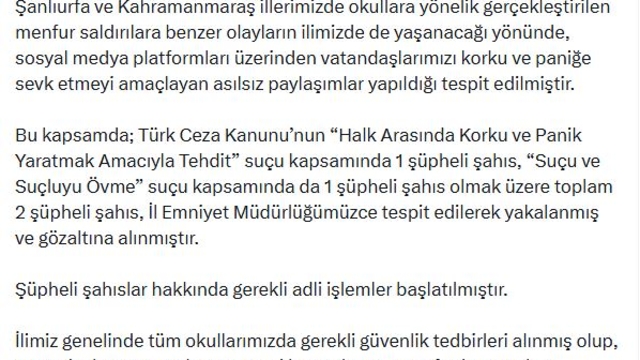 Denizli'de okul saldırılarıyla ilgili yanıltıcı paylaşımlar yapan 2 şüpheli gözaltına alındı
