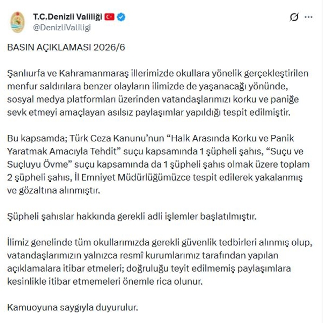 Denizli'de okul saldırılarıyla ilgili yanıltıcı paylaşımlar yapan 2 şüpheli...
