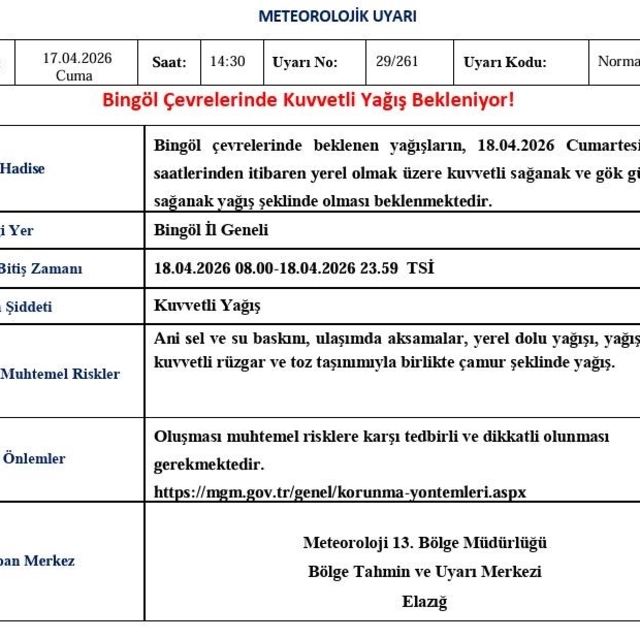 Bingöl için kuvvetli yağış uyarısı