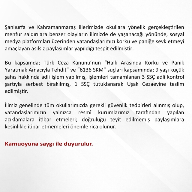 Uşak'ta asılsız paylaşımlara yönelik 1 şüpheli tutuklandı