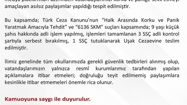 Uşak'ta asılsız paylaşımlara yönelik 1 şüpheli tutuklandı